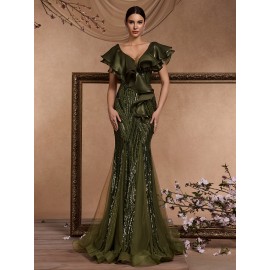 [Elegant Mermaid Gown] Form-Fitting Mermaid Gown | Elegant Deep V-Neck Sequin Evening Dress with Ruffle Sleeves and Geometric Pattern, Perfect for Weddings and Formal Events