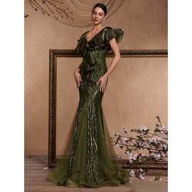 [Elegant Mermaid Gown] Form-Fitting Mermaid Gown | Elegant Deep V-Neck Sequin Evening Dress with Ruffle Sleeves and Geometric Pattern, Perfect for Weddings and Formal Events