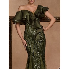 [Elegant Mermaid Gown] Form-Fitting Mermaid Gown | Elegant Deep V-Neck Sequin Evening Dress with Ruffle Sleeves and Geometric Pattern, Perfect for Weddings and Formal Events