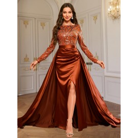 [Sequin A-Line Dress] Sequin Elegant Long Sleeve A-Line Dress | Crew Neck, Solid Color, Fitted, with Contrast Sequin Details | for Adult Women, Spring/Summer, Evening Wear