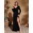 [Sequin Elegant Dress] Sequin Elegant Black Long-Sleeve V-Neck Plus Size Dress | Polyester Blend, High Slit, Perfect for Parties, Birthdays, and Formal Events, Adult Women's Fashion, Event Dress