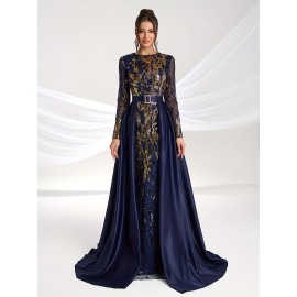 Elegant Women'S Formal Banquet Dress with Sequin Detail - Long Sleeve, Round Neck, Detachable Cape, Navy Blue/Golden Floral Print, Polyester, Perfect for Weddings and Special Occasions