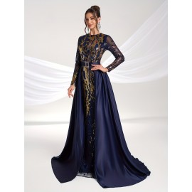 Elegant Women'S Formal Banquet Dress with Sequin Detail - Long Sleeve, Round Neck, Detachable Cape, Navy Blue/Golden Floral Print, Polyester, Perfect for Weddings and Special Occasions
