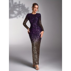 Elegant Purple Sequin Gradient Bridesmaid Evening Gown - Long Sleeve, Round Neck, Form-Fitting Maxi Dress for Weddings and Formal Events, Bridesmaid Dress, Wedding Attire, Sophisticated Style, Detailed Sequins, Medium Elasticity