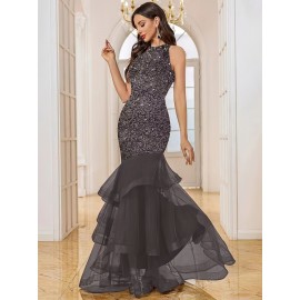 Sequin Open Back Mesh Layered Evening Gown, Elegant Women'S Party Dress for Weddings, Graduations, and Formal Dinners with Slight Stretch Fit Mermaid Skirt