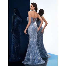 [Elegant Dress] Elegant Sleeveless Formal Dinner Dress | Champagne Halterneck Fishtail for Women - Sparkling Sequins, Mermaid Silhouette, Perfect for Galas & Weddings, Sophisticated Style, Intricate Embellishments