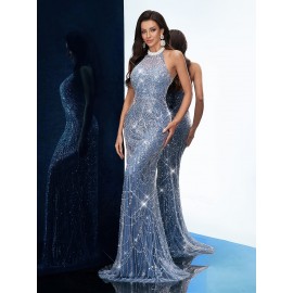 [Elegant Dress] Elegant Sleeveless Formal Dinner Dress | Champagne Halterneck Fishtail for Women - Sparkling Sequins, Mermaid Silhouette, Perfect for Galas & Weddings, Sophisticated Style, Intricate Embellishments