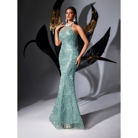 [Elegant Dress] Elegant Sleeveless Formal Dinner Dress | Champagne Halterneck Fishtail for Women - Sparkling Sequins, Mermaid Silhouette, Perfect for Galas & Weddings, Sophisticated Style, Intricate Embellishments