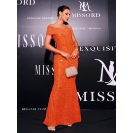 [Elegant Sequin Mermaid Gown] Elegant One-Shoulder Sequin Mermaid Gown for Women - Backless, Glittery Orange Dress with Ruched Detail, Perfect for Formal Events and Parties, Formal Event Attire|Sequin Embellished|Ruched Detailing
