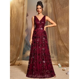 Elegant Wine Red Sequin V-Neck Gown for Women - Waist, Long Evening Dress for Parties, Banquets, and Formal Events, Perfect for Graduations and Cocktail Parties, Elegant Event Attire | Vneck Design | Shimmering Sequins