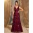 Elegant Wine Red Sequin V-Neck Gown for Women - Waist, Long Evening Dress for Parties, Banquets, and Formal Events, Perfect for Graduations and Cocktail Parties, Elegant Event Attire | Vneck Design | Shimmering Sequins