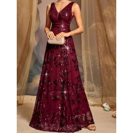 Elegant Wine Red Sequin V-Neck Gown for Women - Waist, Long Evening Dress for Parties, Banquets, and Formal Events, Perfect for Graduations and Cocktail Parties, Elegant Event Attire | Vneck Design | Shimmering Sequins
