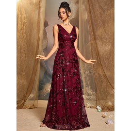 Elegant Wine Red Sequin V-Neck Gown for Women - Waist, Long Evening Dress for Parties, Banquets, and Formal Events, Perfect for Graduations and Cocktail Parties, Elegant Event Attire | Vneck Design | Shimmering Sequins