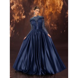 Women's Elegant Black Evening Gown - Satin & Mesh Cocktail Dress with Stand-Up Collar, Rhinestone Embellishments, Fitted Silhouette & Micro-Stretch Fabric for Galas, Weddings, Formal Parties