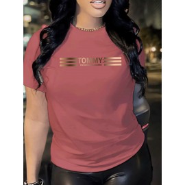 1pc Gradient Three-Stripe TOMMY Printed Women'S Summer Casual Sports T-Shirt Pullover Made of Comfortable And Smooth Polyester And Spandex Short-Sleeve Top.