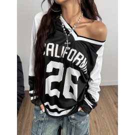 [Soft Stretch V-Neck T-Shirt] Soft Stretch Fabric Women's Casual V-Neck Long Sleeve T-Shirt | California 26 Letter Print, Black & White Striped Mesh Overlay, All-Season Comfort for Casual Attire | Vneck Design | Mesh Overlay Shirt