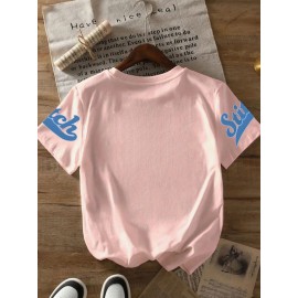 Stitch Graphic Print T-Shirt - Casual & Comfortable Crew Neck with Double Shoulder Straps, Breathable Summer Essential, Red with Blue Stitch Design, Perfect for Parties & Casual Attire, Casual Summer Top | Playful Print Tee | Comfortable Fit