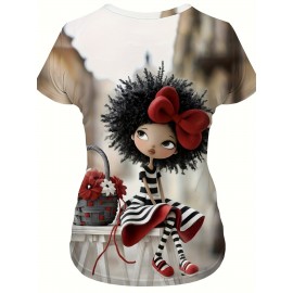 Women'S Casual T-Shirt with Vibrant Comic Art Print - Soft, Comfortable Round Neck Tee with Red Bow & Floral Basket Design, Perfect Gift for Casual Attire, Ladies T Shirts