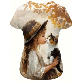 [Cozy Owl & Cat Tee] Soft & Cozy Women's Owl & Cat Print T-Shirt | Autumn Maple Leaves Design, Round Neck Casual Top for Fall Fashion, Comfortable Casual Wear