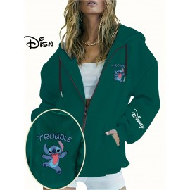 Disney Stitch TROUBLE Women'S Casual Zip-Up Hoodie - Front Zipper Design, Pink Cartoon Print, Cozy Fall/Winter Jacket with Hood, Cute Hoodies