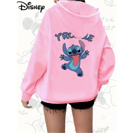 Disney Stitch TROUBLE Women'S Casual Zip-Up Hoodie - Front Zipper Design, Pink Cartoon Print, Cozy Fall/Winter Jacket with Hood, Cute Hoodies