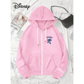 Disney Stitch TROUBLE Women'S Casual Zip-Up Hoodie - Front Zipper Design, Pink Cartoon Print, Cozy Fall/Winter Jacket with Hood, Cute Hoodies