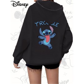 Disney Stitch TROUBLE Women'S Casual Zip-Up Hoodie - Front Zipper Design, Pink Cartoon Print, Cozy Fall/Winter Jacket with Hood, Cute Hoodies