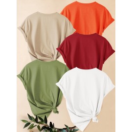 [Versatile Summer T-Shirt Set] 5pcs Versatile Summer T-Shirt Set, Women's Simple Floral Short Sleeve Chrysanthemum Print Round Neck Loose Fit Casual Fashionable Commute Vacation Everyday Top in Multiple Colors 1XL-5XL