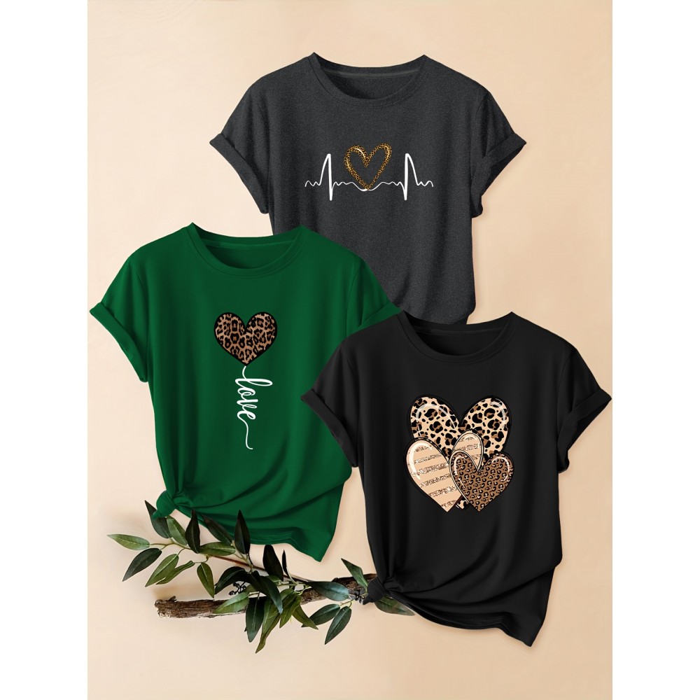 [Summer T-Shirt] 3pcs Set Plus Size Women's Short Sleeve T-Shirt | Collared Hemline Summer New Leopard Print Heart Pattern Top