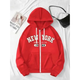 [Plus Size NY Hoodie] Plus Size Women's Light Pink NY Print Hoodie | Comfortable Long Sleeve Zip-Up with Drawstrings, Machine Washable 100% Polyester, Casual Sporty Style