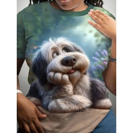 A cute dog-printed T-shirt for plus-size ladies, an elegant round-neck short-sleeved top with a cute cartoon dog design, and soft fabric, is very suitable for casual wear