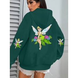 Multi-Color Disney Women's Plus Size Oversized Tinker Bell Fairy Graphic Hooded Sweatshirt - Cozy Zipper Hoodie with Full Back Cartoon Print, Soft Casual Pullover for Fall/Winter (Machine Washable, Officially Licensed)