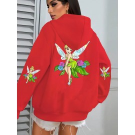 Multi-Color Disney Women's Plus Size Oversized Tinker Bell Fairy Graphic Hooded Sweatshirt - Cozy Zipper Hoodie with Full Back Cartoon Print, Soft Casual Pullover for Fall/Winter (Machine Washable, Officially Licensed)