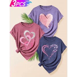 [Cute Heart T-Shirts] 3pcs Women's Heart Graphic T-Shirts | Casual Crew Neck Short Sleeve Tops with 