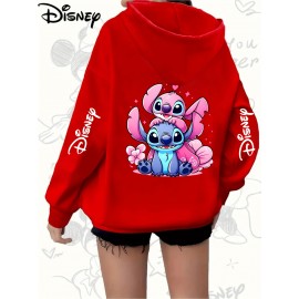 [Disney Plus-Size Hoodie] A Disney Three-Print Plus-Size Hoodie, The Intergalactic Series, Stitch and Angel Cartoon Print, Featuring Pockets And Drawstrings, Trendy Zip-Up Jacket, Suitable As a Gift for And Family, Machine Washable