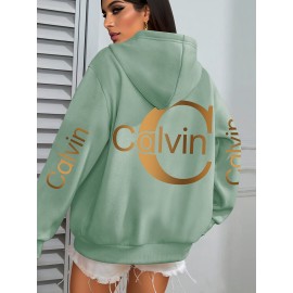 Women'S Calvin Graphic Hoodie - Black with Golden Lettering, Cozy Fall/Winter Pullover Sweatshirt, Hooded Sweatshirt for Everyday & Formal Outfits, Casual Wear, Trendy Design, Comfortable Fit, Stylish Hoodie, Fashion Lovers