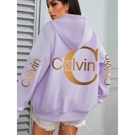 Women'S Calvin Graphic Hoodie - Black with Golden Lettering, Cozy Fall/Winter Pullover Sweatshirt, Hooded Sweatshirt for Everyday & Formal Outfits, Casual Wear, Trendy Design, Comfortable Fit, Stylish Hoodie, Fashion Lovers