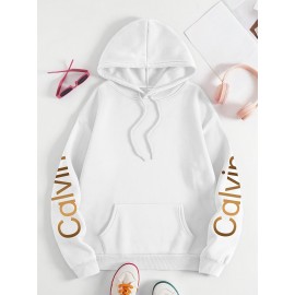 Women'S Calvin Graphic Hoodie - Black with Golden Lettering, Cozy Fall/Winter Pullover Sweatshirt, Hooded Sweatshirt for Everyday & Formal Outfits, Casual Wear, Trendy Design, Comfortable Fit, Stylish Hoodie, Fashion Lovers