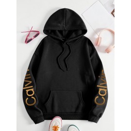 Women'S Calvin Graphic Hoodie - Black with Golden Lettering, Cozy Fall/Winter Pullover Sweatshirt, Hooded Sweatshirt for Everyday & Formal Outfits, Casual Wear, Trendy Design, Comfortable Fit, Stylish Hoodie, Fashion Lovers