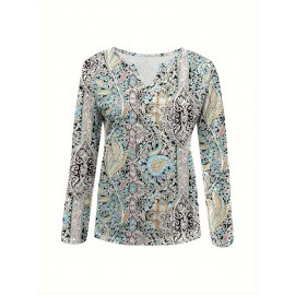 Plus Size, Plus Size Women's Elegant V-Neck Long Sleeve T-Shirt - All-Over Floral Print, Stretchy Mid-Weight Fabric, Machine Washable, Autumn Winter Casual & Formal Tops