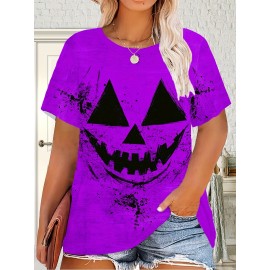 Plus Size, Women's Halloween Pumpkin Face T-Shirt - Purple & Black Spooky Graphic Tee, Plus Size Round Neck Short Sleeve Top for Halloween Party Outfits, Everyday Casual Wear - Machine Washable Costume Apparel, Halloween Clothes