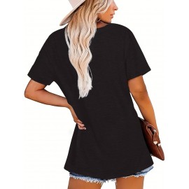 Women's Casual Short Sleeve T-Shirt - Black Relaxed Fit Round Neck with Colorful Geometric Print & Humorous Slogan, Machine Washable Summer Top for Casual Attire, Ladies T Shirts, Comfortable Tee