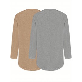 Plus Size - 2pcs Women'S Casual Long Sleeve V-Neck T-Shirts, Solid Color Asymmetrical Hem, Medium Stretch, Relaxed Fit, Plus Size, Fall Fashion Top Tee, Ladies T Shirts