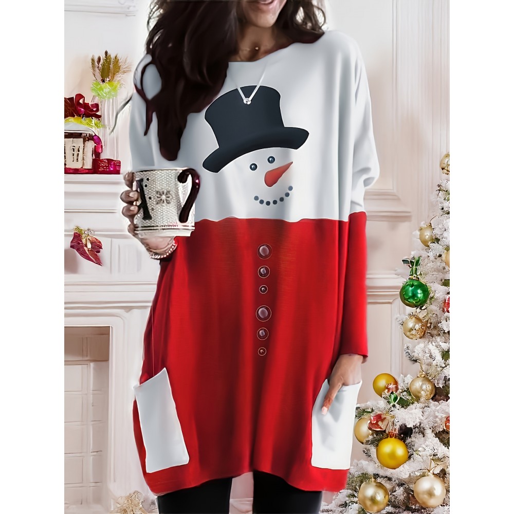 [Christmas Snowman Dress] Cozy Grey Christmas Snowman Print Plus Size Women's Long Sleeve Casual Dress | Machine Washable Winter Outfit for Autumn & Winter, Festive Design, Durable Construction