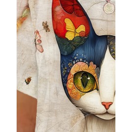 Plus Size - Women'S Plus Size Bohemian Cat & Floral Print T-Shirt - Short Sleeve, Round Neck, Lightweight Polyester, Casual Vacation Style, Black with Colorful Butterflies & Flowers Design, Vacation Clothing | Bohemian Style | Vibrant Print, Cat Shirt