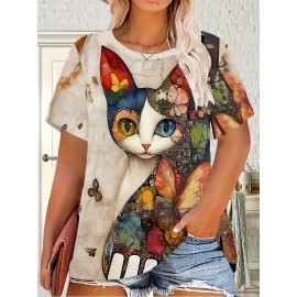 Plus Size - Women'S Plus Size Bohemian Cat & Floral Print T-Shirt - Short Sleeve, Round Neck, Lightweight Polyester, Casual Vacation Style, Black with Colorful Butterflies & Flowers Design, Vacation Clothing | Bohemian Style | Vibrant Print, Cat Shirt