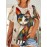 Plus Size - Women'S Plus Size Bohemian Cat & Floral Print T-Shirt - Short Sleeve, Round Neck, Lightweight Polyester, Casual Vacation Style, Black with Colorful Butterflies & Flowers Design, Vacation Clothing | Bohemian Style | Vibrant Print, Cat Shirt