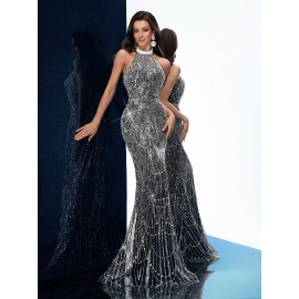 [Elegant Dress] Elegant Sleeveless Formal Dinner Dress | Champagne Halterneck Fishtail for Women - Sparkling Sequins, Mermaid Silhouette, Perfect for Galas & Weddings, Sophisticated Style, Intricate Embellishments