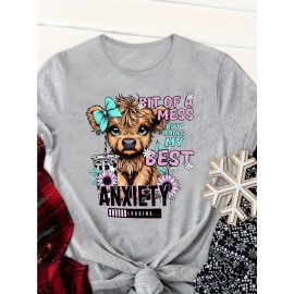 Women's Cute Cartoon Cow Print T-Shirt, Round Neck Short Sleeve Fashion Sports Tee, Comfortable Casual Top, Knitted Polyester Fabric, Romantic Style, All Seasons, Ladies Leisure Sportswear