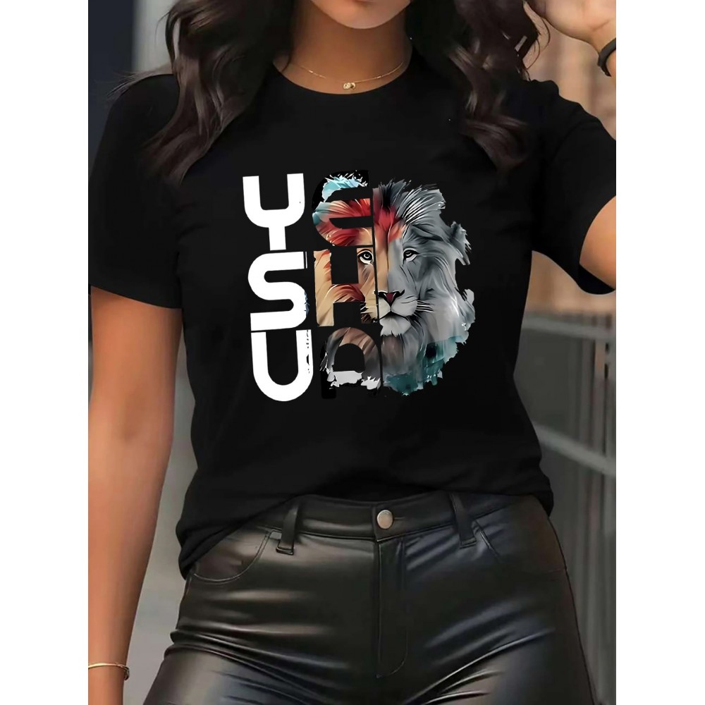 Women'S Casual Short Sleeve T-Shirt with Lion Graphic Design - 